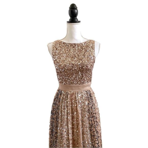 Maya Deluxe All Over Contrast Tonal Metallic Sequin Full Length Gown US 2 - Picture 7 of 15